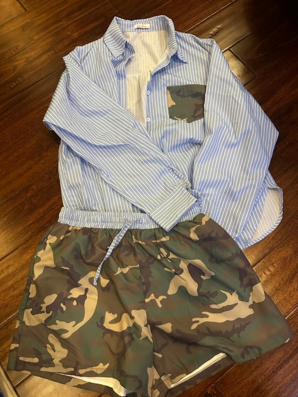 Blue Pinstripe Shirt with Camo Pocket & Matching Camo Shorts Set
